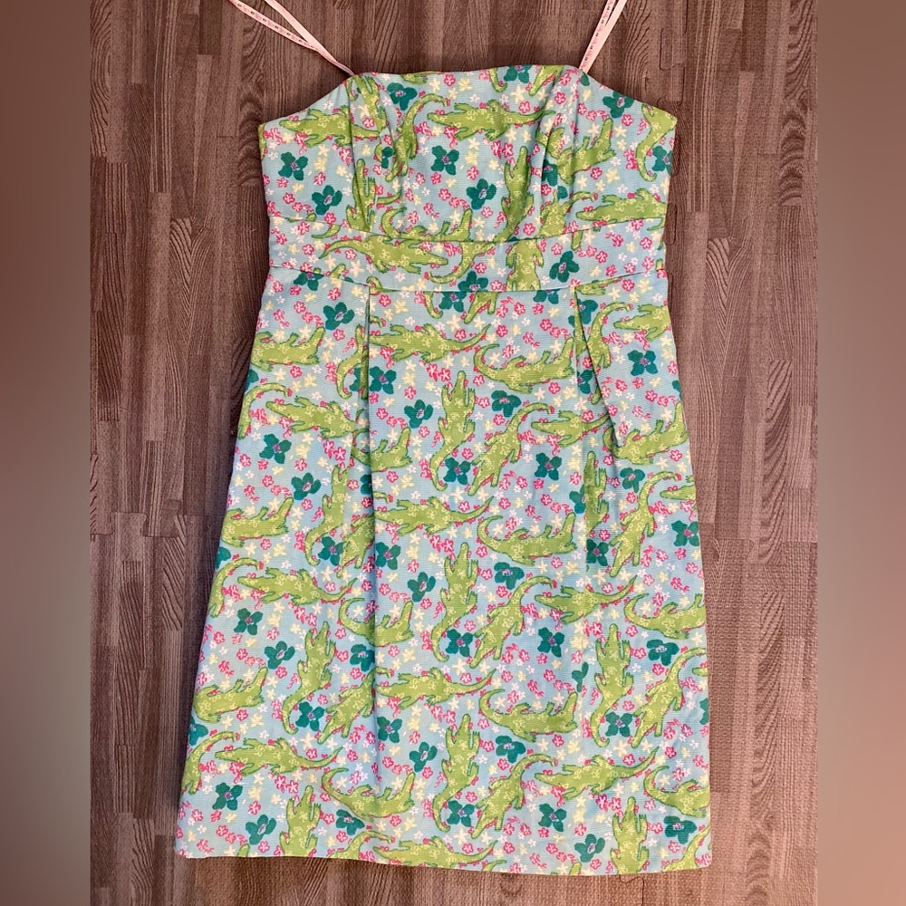 Lilly Pulitzer blue green alligator crocodile print EUC strapless dress 0